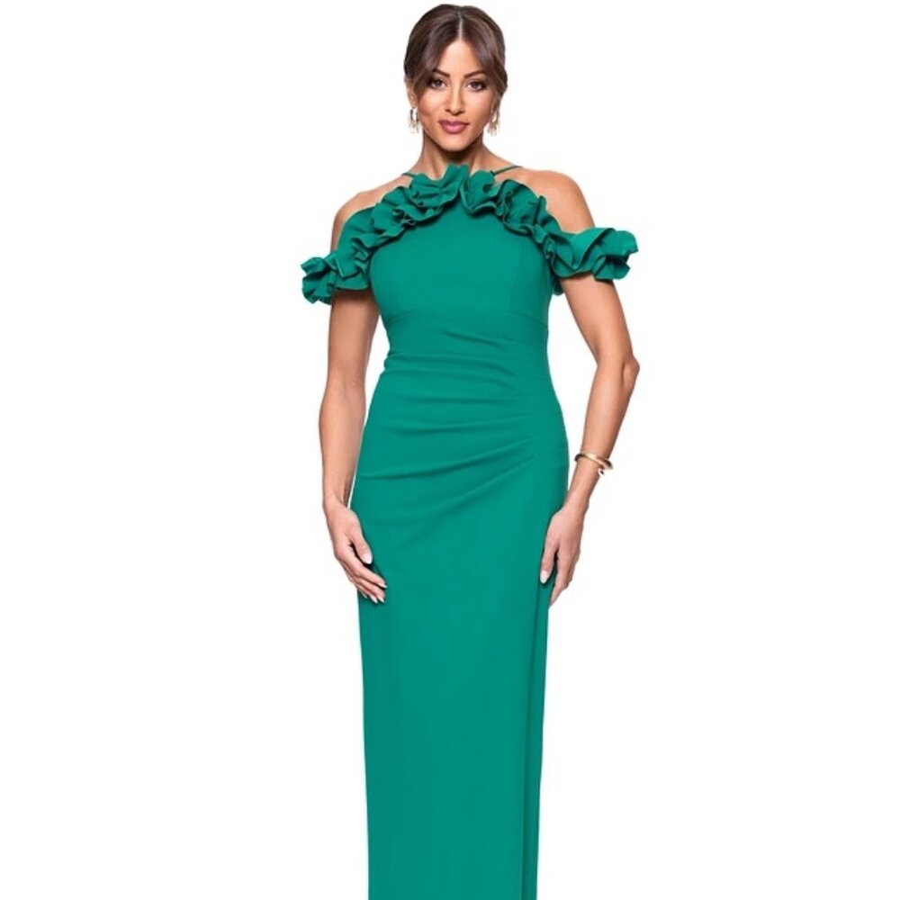 XSCAPE Women's Halter-Strap Ruffled Gown Green Size 6